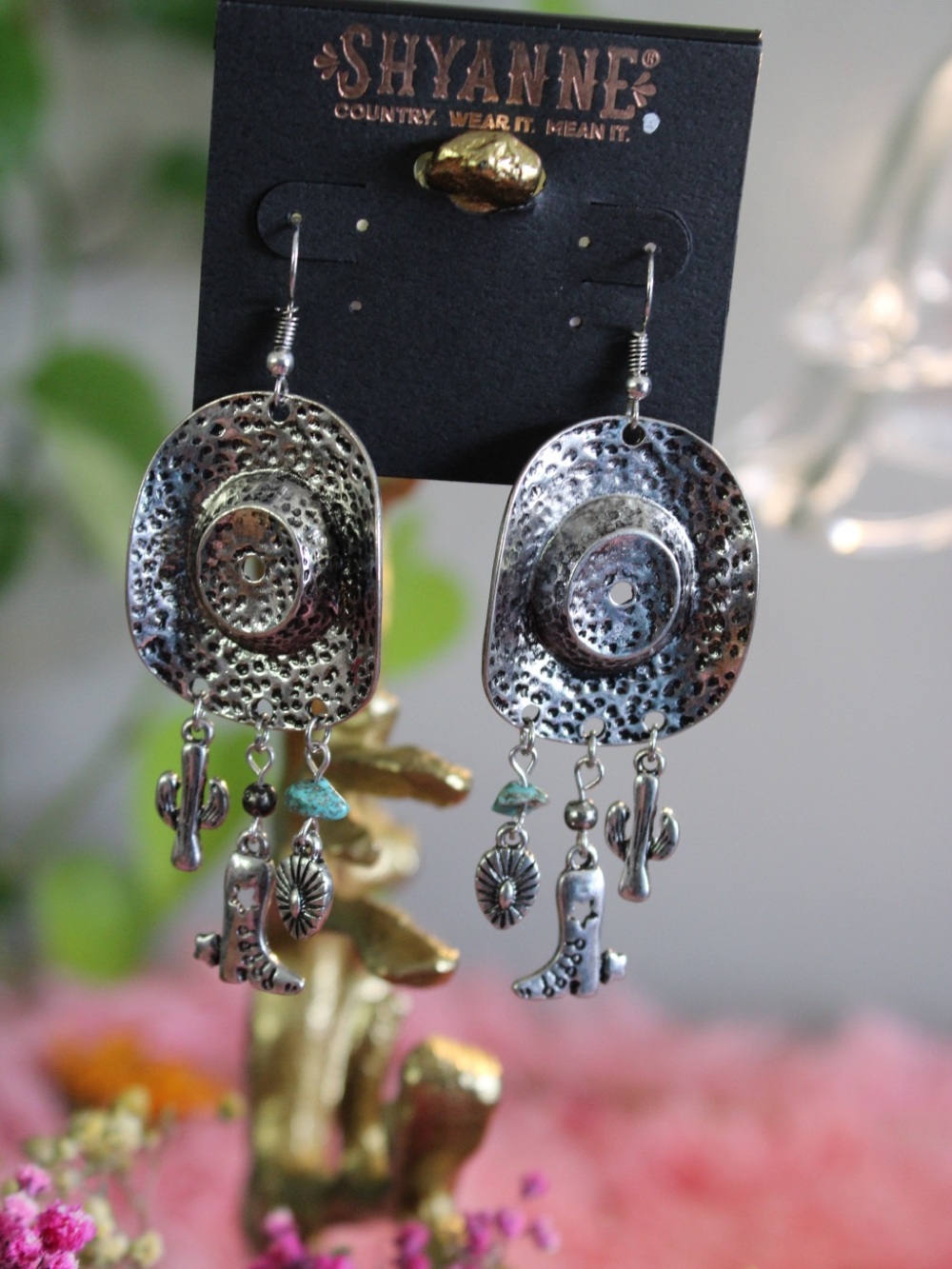 Shyanne Silver-Tone Western Hat Dangle Earrings with Turquoise Accents